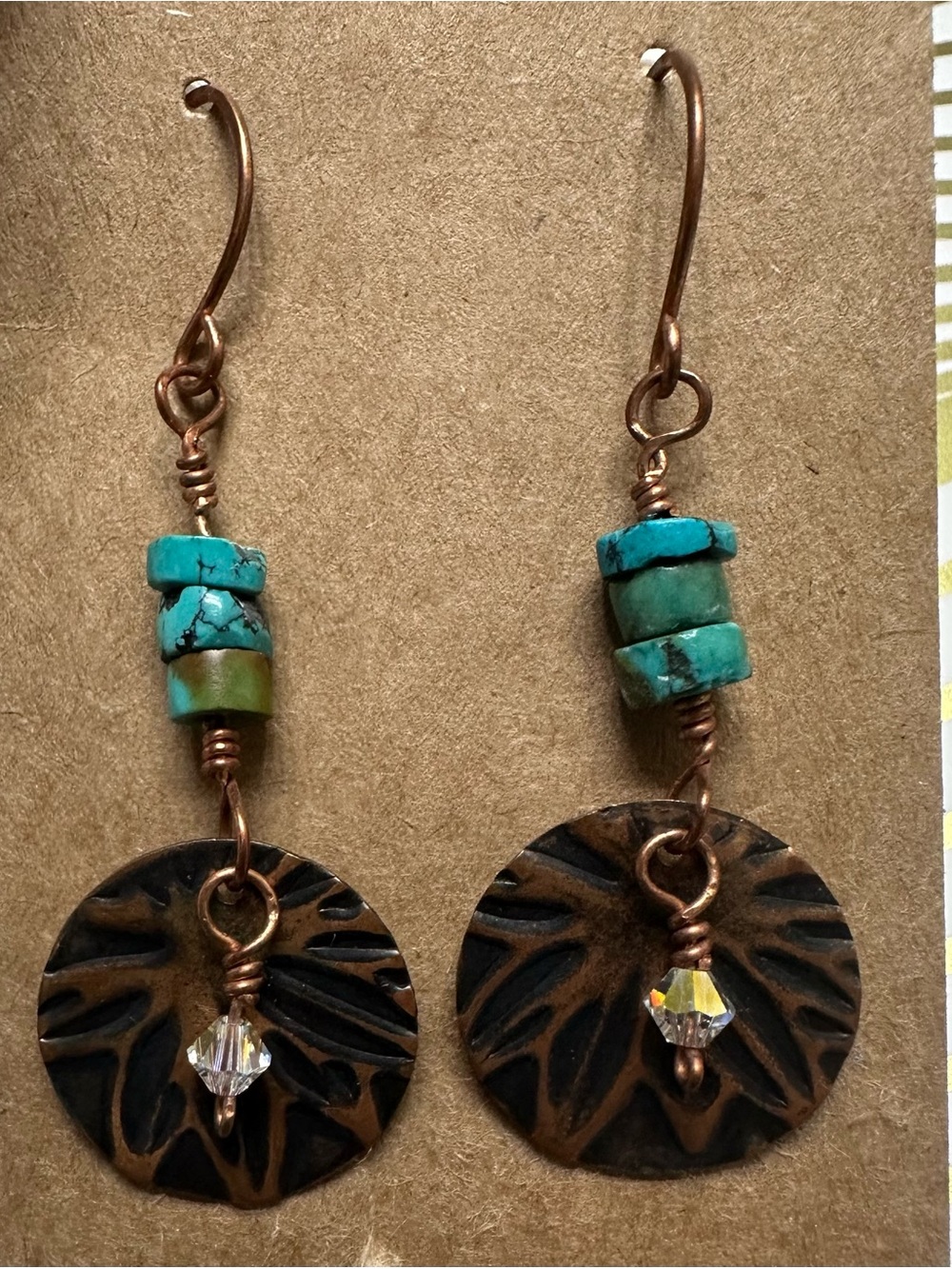Hammered Copper & Beaded Turquoise Earrings
